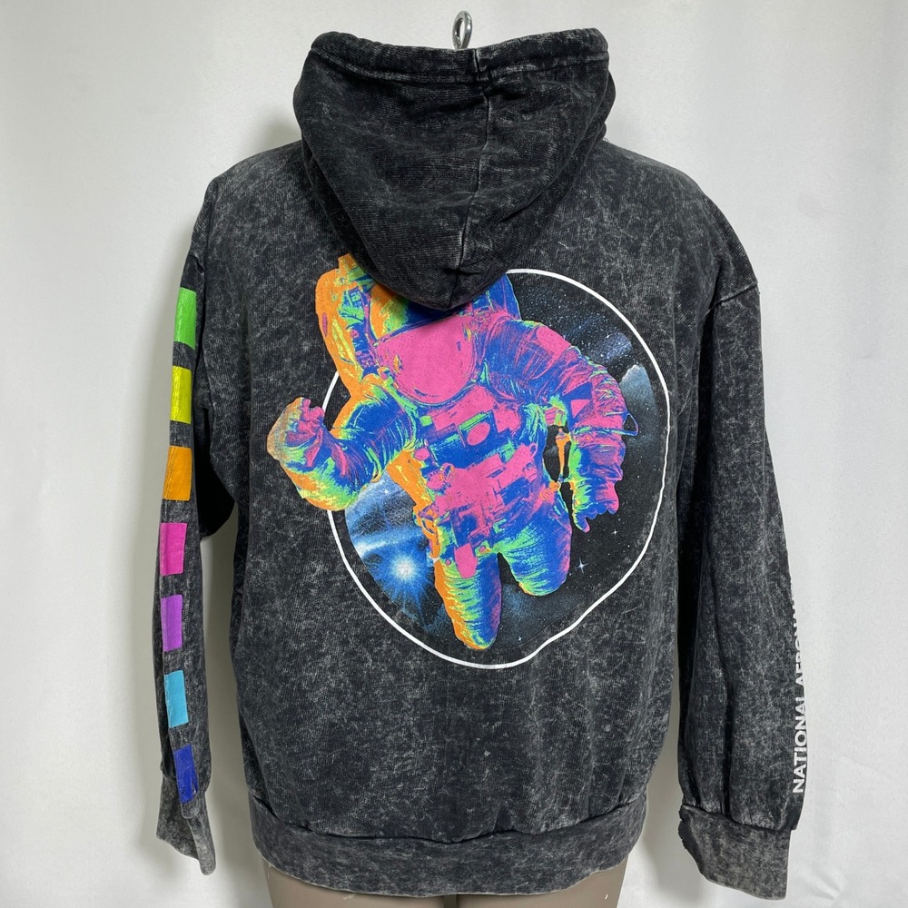 NASA Hyper Space Black Acid Wash Rainbow Astronaut Hoodie Women's LARGE